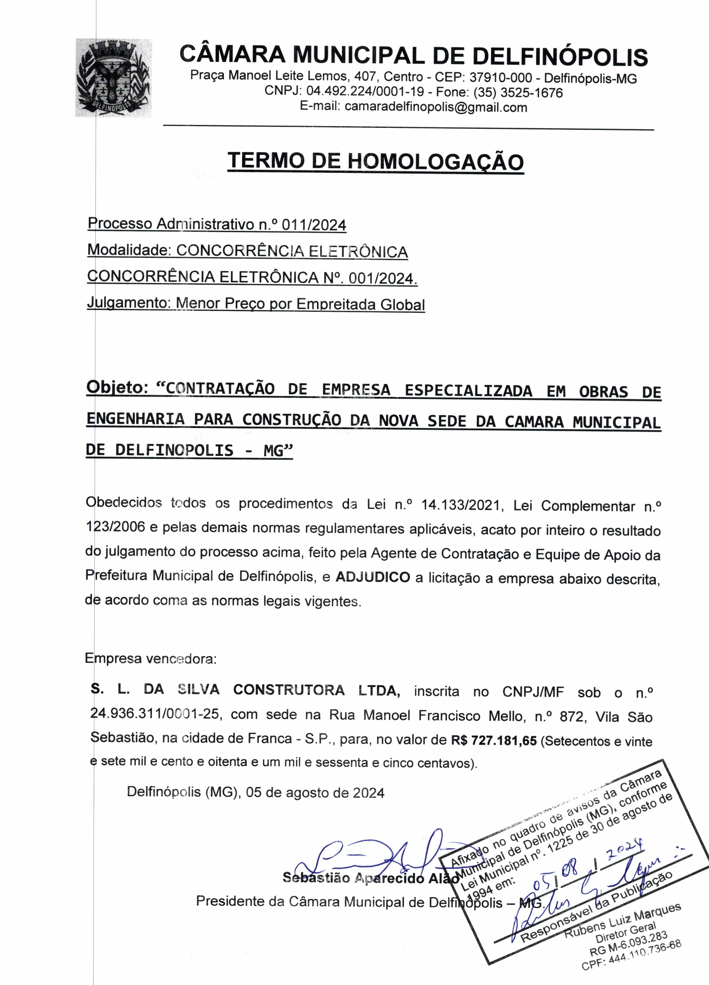 Edital N.º 011/2024  - Concorrência Eletrônica N.º 001/2024 - TERMO DE HOMOLOGAÇÃO